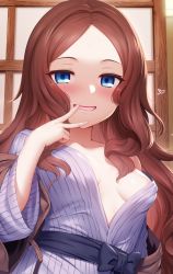 Rule 34 | 1girl, blue eyes, blush, breasts, brown hair, cleavage, fate/grand order, fate (series), forehead, grin, heart, highres, japanese clothes, kimono, leonardo da vinci (fate), leonardo da vinci (fate/grand order), leonardo da vinci (rider) (fate), long hair, long sleeves, looking at viewer, m-da s-tarou, parted bangs, small breasts, smile, solo, upper body, v, yukata