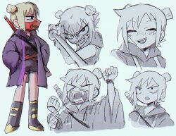 Rule 34 | 1girl, angry, blonde hair, closed eyes, g tsurius, grey background, hands in pockets, holding, holding sword, holding weapon, katana, looking at viewer, mask, mouth mask, multiple views, open mouth, roxanne richter, scott pilgrim (series), scott pilgrim takes off, short hair, short twintails, shorts, simple background, smile, standing, sword, twintails, weapon