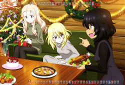 Rule 34 | 10s, 3girls, absurdres, andou (girls und panzer), bird, black hair, black legwear, blonde hair, blouse, blue eyes, bow, cake, calendar (medium), candy, candy cane, chicken, christmas, christmas ornaments, christmas tree, christmas wreath, copyright name, couch, dark-skinned female, dark skin, drill hair, food, frown, fruit, gift, gift wrapping, girls und panzer, green eyes, green shirt, highres, hood, hoodie, indoors, lettuce, marie (girls und panzer), messy hair, multiple girls, open mouth, oshida (girls und panzer), plate, pointing, pointing at another, shirt, sitting, smile, strawberry, sweater, table, tinsel, turkey (food), turkey leg, turtleneck, turtleneck sweater, wooden table, wooden wall, wreath