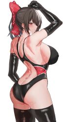 1girl absurdres armpits ass back black_gloves black_thighhighs bow breasts brown_hair butt_crack elbow_gloves enmimontoria from_behind gloves hakurei_reimu hand_up highleg highleg_one-piece_swimsuit highres large_breasts looking_to_the_side monokini one-piece_swimsuit red_bow red_eyes sideboob simple_background solo sweat swimsuit thighhighs touhou white_background