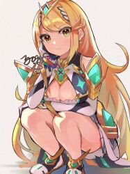 Rule 34 | 1girl, blonde hair, breasts, cleavage, commentary, core crystal (xenoblade), earrings, glaze artifacts, hirotaka (hrtk990203), jewelry, large breasts, long hair, looking at viewer, mythra (xenoblade), simple background, solo, squatting, swept bangs, tiara, v-shaped eyebrows, very long hair, white background, xenoblade chronicles (series), xenoblade chronicles 2, yellow eyes