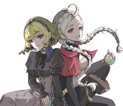 Rule 34 | 2girls, ahoge, back-to-back, belt, black legwear, blonde hair, boots, braid, breasts, buttons, capelet, choker, commission, commissioner upload, constance von nuvelle, dress, fire emblem, fire emblem: three houses, fire emblem fates, fire emblem heroes, frilled dress, frills, garreg mach monastery uniform, hairband, highres, holding orb, hood, hood down, hooded capelet, long hair, looking at viewer, mariirasuto7, medium breasts, medium hair, multicolored hair, multiple girls, nina (fire emblem), nintendo, non-web source, orb, parted bangs, purple hair, purple hairband, red hood, scarf, sitting, smile, turtleneck, twin braids, two-tone hair, white background, white hair, white hairband