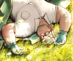 Rule 34 | 1boy, absurdres, bara, day, facial hair, fat, fat man, flower, from above, glasses, gloves, goatee, grass, green hair, hair flower, hair ornament, half-closed eyes, highres, hippolytus (housamo), jacket, lying, male focus, multicolored hair, muscular, muscular male, on back, open clothes, open jacket, pectorals, sanmarugaru, short hair, sideburns stubble, solo, streaked hair, stubble, sunlight, thick eyebrows, tokyo houkago summoners, two-tone beard, upper body