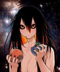 Rule 34 | 1girl, :t, bad id, bad pixiv id, black hair, black hole, black sclera, blush, breasts, chewing, cleavage, closed mouth, colored sclera, commentary request, crumbs, distortion, earth (planet), eating, hair between eyes, hair over breasts, highres, holding, large breasts, long hair, looking at viewer, m87 black hole, mars (planet), messy hair, nail polish, orange eyes, original, personification, planet, solo, space, star (sky), survival yaiba