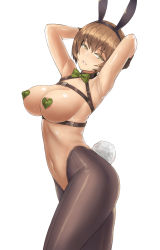 Rule 34 | 1girl, absurdres, animal ears, areola slip, armpits, arms up, bare shoulders, black gloves, black hairband, black thighhighs, bow, bowtie, breasts, brown eyes, brown hair, brownie (last origin), cleavage, cowboy shot, fake animal ears, gloves, green bow, green bowtie, hairband, heart pasties, highres, large breasts, last origin, leotard, looking at viewer, navel, nude, parted lips, pasties, playboy bunny, poorgom, rabbit ears, rabbit tail, short hair, smile, solo, stomach, tail, thighhighs, thighs, underbust