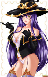 Rule 34 | 10s, 1girl, bare shoulders, black gloves, black hat, bracelet, breasts, cleavage, collarbone, elbow gloves, gloves, goblin slayer!, hat, highres, holding, holding smoking pipe, jewelry, large breasts, long hair, mole, mole under eye, panties, purple hair, smoking pipe, solo, tenzen, thighhighs, underwear, very long hair, witch (goblin slayer!), witch hat, yellow eyes