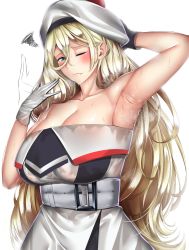 Rule 34 | 1girl, arm behind head, armpits, belt, beret, blonde hair, blue eyes, blush, breasts, cleavage, dress, fanning face, gloves, hair between eyes, hat, highres, kantai collection, kome cola, large breasts, long hair, mole, mole under eye, mole under mouth, multicolored clothes, multicolored dress, multicolored gloves, one eye closed, pom pom (clothes), richelieu (kancolle), solo, strapless, strapless dress, sweat, white background