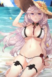 Rule 34 | 1girl, algerie (azur lane), algerie (white sand paradise) (azur lane), algerie (white sand paradise) (azur lane), azur lane, bare shoulders, bikini, blue sky, blush, breasts, cleavage, cloud, day, flower, hat, hat flower, highres, in water, kon (k0n16), large breasts, long hair, looking at viewer, mole, mole on breast, mole under eye, navel, neck ribbon, ocean, open mouth, outdoors, purple eyes, red flower, red rose, ribbon, rose, silver hair, sitting, sky, smile, solo, straw hat, swimsuit, two-tone bikini, water, white bikini, yellow flower, yellow rose