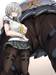 Rule 34 | 1girl, black pantyhose, black sailor collar, black skirt, blunt bangs, blush, bra, bra visible through clothes, breasts, censored, close-up, commentary request, covered erect nipples, embarrassed, from below, gloves, gradient background, grey eyes, grey hair, hair ornament, hair over eyes, hairclip, hamakaze (kancolle), highres, impossible clothes, kantai collection, large breasts, long bangs, mtu virus, multiple views, no panties, open mouth, panties, panties under pantyhose, pantyhose, pleated skirt, sailor collar, school uniform, serafuku, shirt, short hair, short sleeves, simple background, skirt, standing, sweat, thigh strap, torisan, underwear, upskirt, wedgie, white gloves, white shirt, yellow bra, yellow neckwear, zoom layer