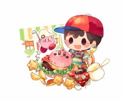 Rule 34 | 1boy, :d, baseball cap, black hair, blue shirt, blush, blush stickers, burger, bush, cheese, chef hat, closed mouth, commentary request, food, fork, hands up, hat, hitofutarai, holding, holding fork, holding knife, holding ladle, ketchup, kirby, kirby (series), kirby burger, kitchen knife, knife, ladle, lettuce, male focus, mother (game), mother 2, multicolored clothes, ness (mother 2), nintendo, open mouth, pasta, pitcher (container), potato wedges, red headwear, shirt, short hair, short sleeves, simple background, smile, solid oval eyes, spaghetti, star (symbol), striped clothes, striped shirt, t-shirt, tomato sauce, two-tone shirt, upper body, white background, white headwear, window, yellow shirt