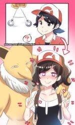Rule 34 | 1boy, ?, baseball cap, black hair, chase (pokemon), closed mouth, cosplay, creatures (company), crossdressing, double v, elaine (pokemon), elaine (pokemon) (cosplay), game freak, gen 1 pokemon, hat, heart, heart-shaped pupils, highres, hinghoi, hypno, hypnosis, looking at viewer, male focus, mind control, nintendo, pendulum, pokemon, pokemon (creature), pokemon lgpe, ponytail, smile, spoken question mark, sweat, symbol-shaped pupils, trap, v