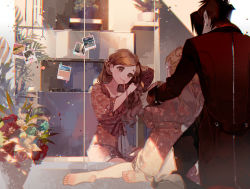 Rule 34 | 1boy, 1girl, adjusting hair, arm behind head, barefoot, black pants, brown eyes, brown hair, brown kimono, brown shirt, closed mouth, commentary request, earrings, flower, from behind, hand up, japanese clothes, jewelry, kawacy, kimono, kneeling, long sleeves, looking at mirror, medium hair, mirror, mouth hold, on ground, original, pants, pink ribbon, plant, pointy ears, potted plant, red flower, red hair, red vest, ribbon, ribbon in mouth, shirt, short hair, sitting, sleeves past elbows, smile, tailcoat, vest, white flower
