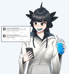 Rule 34 | 1girl, angry, artemis of the blue, black eyes, black hair, blue tongue, blush, colored tongue, commentary, drink, english commentary, english text, goodnessme, holding, holding drink, holding phone, indie virtual youtuber, looking at phone, looking down, mole, mole under eye, open mouth, phone, slushie, solo, v-shaped eyebrows, virtual youtuber
