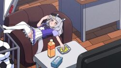 Rule 34 | &gt; &lt;, 1girl, animated, ball, cellphone, chips (food), couch, dropping, eating, food, grey hair, hishi miracle (umamusume), holding, holding phone, horse tail, indoors, looking at phone, lying, medium hair, nowoka, on back, on couch, phone, plastic bottle, potato chips, purple eyes, skirt, smartphone, soccer ball, solo, table, tail, tail wagging, television, thighhighs, tissue box, umamusume, video, white thighhighs, wooden floor