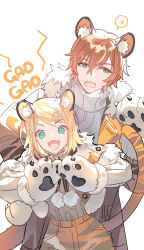 Rule 34 | 1boy, 1girl, absurdres, animal ear fluff, animal ears, animal hands, blonde hair, fang, fangs, gao, gloves, green eyes, hair between eyes, hair ornament, hairclip, hairpin, highres, jacket, kagamine rin, long sleeves, mona0101, multicolored hair, multiple hairpins, open clothes, open jacket, open mouth, orange hair, paw gloves, paw pose, project sekai, shinonome akito, short hair, skin fang, skin fangs, streaked hair, sweater, tail, tail raised, tiger ears, tiger paws, tiger tail, turtleneck, turtleneck sweater, vivid bad squad (project sekai), vivid bad squad rin, vocaloid