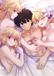 Rule 34 | 1boy, 3girls, abs, absurdres, ahoge, antenna hair, archetype earth, arcueid brunestud, bed, bed sheet, black hair, blonde hair, breasts, brown eyes, fate/grand order, fate (series), hair intakes, highres, large breasts, long hair, looking at viewer, medium breasts, multiple girls, multiple persona, on bed, red eyes, scar, scar on chest, shimotsukishin, short hair, single hair intake, smile, tohno shiki, tsukihime, tsukihime (remake), very long hair