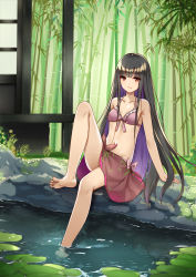 Rule 34 | 1girl, adapted costume, architecture, arm support, bamboo, bamboo forest, bare shoulders, barefoot, black hair, blunt bangs, bra, breasts, closed mouth, collarbone, east asian architecture, flan (seeyouflan), forest, frilled bra, frills, highres, hime cut, houraisan kaguya, leg up, lily pad, long hair, looking at viewer, nature, navel, outdoors, pink bra, pond, skirt, small breasts, smile, solo, stomach, straight hair, tied skirt, toes, touhou, underwear, very long hair