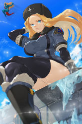 Rule 34 | 1boy, 1girl, absurdres, black thighhighs, blonde hair, blue eyes, blue skin, blue sky, boots, colored skin, day, fur collar, fur hat, gill (street fighter), gloves, gorimaro, hat, highres, jumping, kolin, looking at viewer, midair, parted lips, red skin, russian clothes, sitting, sky, solo focus, street fighter, street fighter iii (series), street fighter v, thighhighs, ushanka, zettai ryouiki