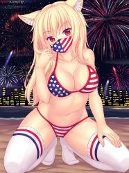 Rule 34 | 1girl, american flag bikini, american flag print, animal ear fluff, animal ears, beach, bikini, blonde hair, breasts, cat ears, commentary, english commentary, fireworks, flag print, halterneck, highres, kneeling, large breasts, long hair, looking at viewer, mask, mouth mask, navel, night, nottytiffy, original, patreon username, print bikini, red eyes, slit pupils, solo, string bikini, swimsuit, thighhighs, tiffy (nottytiffy), united states, watermark, web address, white thighhighs