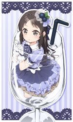 Rule 34 | 1girl, absurdres, bendy straw, black hair, blue bow, blue shirt, blue skirt, bow, brown eyes, closed mouth, collared shirt, cup, dress shirt, drinking glass, drinking straw, frilled skirt, frills, full body, gloves, hands up, highres, idolmaster, idolmaster cinderella girls, in container, in cup, long hair, mini person, minigirl, outline, parted bangs, partially submerged, seiza, shirt, sitting, skirt, solo, striped background, striped bow, striped clothes, striped shirt, striped skirt, tachibana arisu, vertical-striped clothes, vertical-striped shirt, vertical-striped skirt, very long hair, white gloves, white outline, wine glass, yukie (kusaka shi)