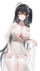 Rule 34 | 1girl, 24kchunshuai, absurdres, ahoge, azur lane, black hair, breasts, cleavage, clothes lift, dress, dress lift, earrings, garter straps, hair ornament, highres, jewelry, large breasts, long hair, official alternate costume, plunging neckline, red eyes, side ponytail, simple background, solo, taihou (azur lane), taihou (temptation on the sea breeze) (azur lane), thighhighs, thighs, tongue, tongue out, very long hair, wedding dress, white background, white dress, white thighhighs