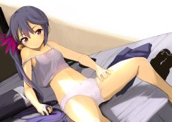 Rule 34 | 10s, 1girl, akebono (kancolle), bell, camisole, unworn clothes, flower, hair bell, hair flower, hair ornament, jingle bell, kantai collection, long hair, looking at viewer, md5 mismatch, momo (higanbana and girl), on bed, panties, purple panties, resized, resolution mismatch, side ponytail, sitting, skirt, unworn skirt, unworn socks, solo, source larger, spread legs, strap slip, tank top, underwear, underwear only, very long hair