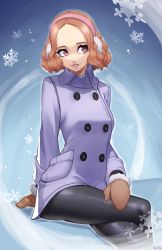 Rule 34 | absurdres, alternate costume, black pantyhose, brown eyes, brown hair, earmuffs, forehead, gloves, highres, lipstick, makeup, okumura haru, pantyhose, persona, persona 5, short hair, snowflakes, solo, winter clothes, winter gloves