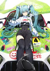 Rule 34 | 1girl, aqua eyes, aqua hair, asymmetrical bodysuit, black bodysuit, black footwear, bodysuit, boots, car, closed mouth, covered navel, cropped jacket, ddangbi, flag, flagpole, flame print, gloves, goodsmile company, goodsmile racing, green flag, green gloves, hatsune miku, highres, holding, holding flag, holding pole, jacket, leaning against vehicle, long hair, long sleeves, looking at viewer, motor vehicle, pole, puffy long sleeves, puffy sleeves, race queen, race vehicle, racecar, racing miku, racing miku (2022), simple background, single leg bodysuit, single thigh boot, smile, smiley face, solo, super gt, text print, thigh boots, twintails, two-tone gloves, vocaloid, white background, white jacket