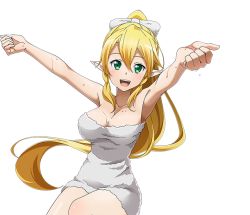 Rule 34 | 1girl, :d, armpits, arms up, blonde hair, braid, breasts, cleavage, collarbone, green eyes, hair between eyes, high ponytail, leafa, long hair, looking at viewer, medium breasts, naked towel, open mouth, pointy ears, shiny skin, smile, solo, sword art online, towel, transparent background, twin braids, very long hair, white towel