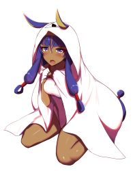 Rule 34 | 1girl, animal ears, blush, breasts, competition swimsuit, dark-skinned female, dark skin, fate/grand order, fate (series), full body, highres, kuroshiro (ms-2420), long hair, looking at viewer, medjed (fate), nitocris (fate), nitocris (fate/grand order), nitocris (swimsuit assassin) (fate), nitocris (swimsuit assassin) (second ascension) (fate), one-piece swimsuit, purple eyes, purple hair, rabbit ears, shiny skin, simple background, sitting, solo, sweatdrop, swimsuit, thighs, very long hair, wariza, wavy mouth, white background