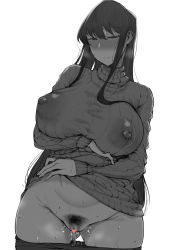 Rule 34 | 1girl, blush, breasts, censored, closed mouth, clothes lift, clothes pull, commentary request, covered erect nipples, female pubic hair, greyscale, heart, heart censor, highres, huge breasts, komi-san wa komyushou desu, komi shouko, long hair, long sleeves, looking at viewer, mole, mole on stomach, monochrome, pants, pants pull, pantyhose, pubic hair, pussy, pussy juice, simple background, solo, sweat, sweater, sweater lift, nervous sweating, tanishi (tani4), turtleneck, turtleneck sweater