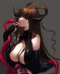 Rule 34 | 1girl, artificial world, bare shoulders, black dress, black gloves, black sclera, breasts, brown hair, closed mouth, colored sclera, commentary, dress, elbow gloves, english commentary, fingerless gloves, gloves, grey background, hand to own mouth, horns, large breasts, long hair, looking at viewer, multiple horns, shukumei (terupancake), solo, tentacles, terupancake, twitter username, upper body, very long hair, yellow eyes