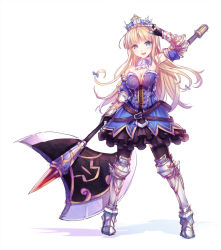 Rule 34 | 1girl, arm up, armor, axe, belt, black thighhighs, blonde hair, blush, breasts, cleavage, detached collar, detached sleeves, gauntlets, greaves, hair ribbon, highres, large breasts, long hair, looking at viewer, original, pen (steelleets), ribbon, simple background, sketch, smile, solo, thighhighs, tiara, weapon, white background