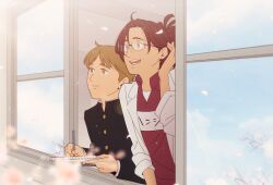 Rule 34 | 1boy, 1other, aged down, androgynous, branch, brown eyes, brown hair, commentary request, contemporary, gakuran, glasses, hange zoe, hanpetos, holding, holding notepad, jacket, moblit berner, notepad, open mouth, petals, ponytail, school uniform, shingeki no kyojin, smile, white jacket, window