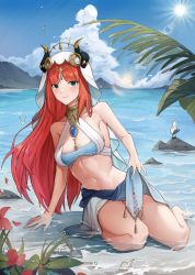 Rule 34 | 1girl, bare arms, bare legs, bare shoulders, barefoot, bird, blue sky, brooch, chinese commentary, cloud, commentary request, crop top, day, genshin impact, green eyes, highres, horns, jewelry, long hair, looking at viewer, midriff, mz-mozi, navel, nilou (genshin impact), ocean, red hair, rock, sky, sleeveless, smile, solo, stomach, thighs, veil, very long hair, water