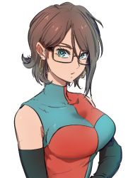 Rule 34 | 1girl, alternate hair length, alternate hairstyle, android, android 21, black-framed eyewear, blue eyes, breasts, brown hair, checkered clothes, checkered dress, dragon ball, dragon ball fighterz, dress, earrings, glasses, hoop earrings, jewelry, kemachiku, looking at viewer, medium breasts, short hair, solo