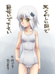 Rule 34 | 10s, 1girl, awa, bare shoulders, blush, body blush, collarbone, hair ornament, high school dxd, looking at viewer, one-piece swimsuit, pussy juice, school swimsuit, short hair, simple background, solo, sweat, swimsuit, toujou koneko, translated, white hair, white one-piece swimsuit, white school swimsuit, yellow eyes