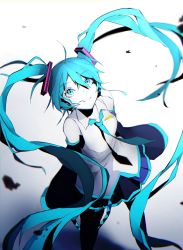 Rule 34 | 1girl, aqua eyes, aqua hair, aqua necktie, bare shoulders, belt, black skirt, black sleeves, black thighhighs, closed mouth, colored skin, commentary, detached sleeves, expressionless, feet out of frame, hair ornament, hatsune miku, kikori70796699, long hair, looking up, necktie, shirt, skirt, sleeveless, sleeveless shirt, solo, standing, thighhighs, twintails, very long hair, vocaloid, white shirt, white skin
