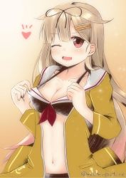Rule 34 | 1girl, alternate costume, artist name, bikini, bikini top only, blonde hair, blush, breasts, cleavage, coat, collarbone, commentary request, hair between eyes, hair flaps, hair ornament, hair ribbon, heart, kantai collection, long hair, looking at viewer, mae (maesanpicture), medium breasts, navel, one eye closed, open mouth, pulling, red eyes, ribbon, simple background, solo, swimsuit, very long hair, yellow coat, yuudachi (kancolle), yuudachi kai ni (kancolle)
