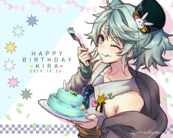Rule 34 | 1boy, ;3, ahoge, bare shoulders, birthday cake, blue necktie, blush, cake, character name, closed mouth, collarbone, detached sleeves, eating, food, fork, green eyes, green hair, hair ornament, hairclip, happy birthday, hat, heart, holding, holding fork, holostars, jacket, kagami kira, long sleeves, looking at viewer, male focus, medium hair, necktie, one eye closed, plate, smile, solo, tongue, tongue out, trap, two side up, upper body, virtual youtuber, yaeyama reishi