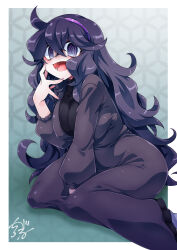 Rule 34 | 1girl, :d, alternate breast size, black hair, border, breasts, commentary request, covered erect nipples, creatures (company), crossed bangs, curly hair, dress, game freak, hair between eyes, hairband, hand up, happy, hex maniac (pokemon), highres, large breasts, leaning, long hair, looking at viewer, lower teeth only, nail polish, nintendo, open mouth, outside border, pokemon, pokemon xy, purple hairband, ringed eyes, shirogane (cufsser), smile, solo, teeth, tongue, white border