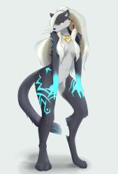 Rule 34 | 1girl, absurdres, amulet, body fur, breasts, earrings, fatima eaglefeather, fingernails, furry, furry female, grey fur, hair censor, hair over breasts, hair over one eye, highres, jewelry, long hair, looking at viewer, markings, necklace, panther, sdorica, sharp fingernails, solo, tail, white hair, xan (xan0712), yellow eyes