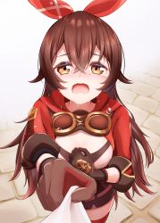 Rule 34 | 1girl, absurdres, amber (genshin impact), breasts, brown hair, cleavage, clothes pull, crying, crying with eyes open, genshin impact, gloves, hair between eyes, hairband, hand on own chest, highres, jacket, long hair, looking at viewer, mattsi hbkk, medium breasts, pov, red hairband, red jacket, sad, shirt pull, shorts, tearing up, tears, thighhighs, wavy mouth, yellow eyes
