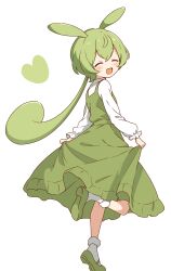 Rule 34 | 1girl, :d, absurdres, animal ears, blush, dot nose, dress, facing viewer, foot up, frilled dress, frills, from behind, full body, green dress, green footwear, green hair, heart, highres, long dress, long hair, long sleeves, looking at viewer, low-tied long hair, open mouth, pinafore dress, rabbit ears, rabbit girl, shirt, shoe soles, shoes, simple background, skirt hold, sleeveless, sleeveless dress, smile, socks, solo, voicevox, white background, white shirt, white socks, zundamon, zunmut