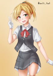 Rule 34 | 1girl, alternate eye color, anti (untea9), black skirt, black vest, blonde hair, breast pocket, breasts, collared shirt, cowboy shot, gloves, gradient background, green eyes, hair between eyes, highres, kantai collection, looking at viewer, maikaze (kancolle), open mouth, pleated skirt, pocket, ponytail, red ribbon, ribbon, school uniform, scrunchie, shirt, skirt, small breasts, solo, twitter username, v, vest, white gloves, white shirt, yellow background