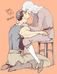 Rule 34 | 2boys, androgynous, bare shoulders, berserk, black hair, black tank top, blue eyes, blush, brown eyes, chair, couple, enaki (mtmti), eye contact, food, full body, griffith (berserk), guts (berserk), imminent kiss, long hair, looking at another, male focus, multiple boys, muscular, pants, pectorals, pocky, pocky kiss, scar, scar on face, scar on nose, shared food, short hair, sitting, sketch, sleeveless, sweatdrop, tank top, toned, toned male, twitter username, wavy hair, white hair, yaoi