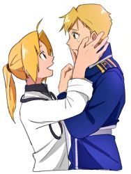 Rule 34 | 2boys, :d, alphonse elric, alternate costume, amestris military uniform, antenna hair, blonde hair, brothers, cowboy shot, crying, crying with eyes open, edward elric, eye contact, eyelashes, frown, fullmetal alchemist, hands on another&#039;s face, height difference, highres, long sleeves, looking at another, male focus, military, military uniform, multiple boys, open mouth, ponytail, profile, sad, shirt, short hair, siblings, simple background, smile, standing, tears, uniform, upper body, white background, white shirt, yellow eyes