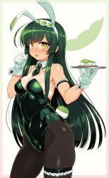 Rule 34 | 1girl, ahoge, animal ears, arm garter, bare shoulders, black pantyhose, blush, breasts, bridal garter, cleavage, covered navel, detached collar, fake animal ears, food, gloves, green hair, green hairband, hairband, highres, large breasts, leotard, long hair, looking at viewer, mochi, necktie, null (nyanpyoun), open mouth, pantyhose, pea pod, playboy bunny, rabbit ears, rabbit tail, short necktie, skindentation, solo, strapless, strapless leotard, tail, tan, thigh strap, touhoku zunko, tray, very long hair, vocaloid, voiceroid, white gloves, wrist cuffs, yellow eyes