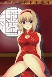 Rule 34 | 1girl, alice margatroid, bare shoulders, beegle, blonde hair, blue eyes, blush, breasts, china dress, chinese clothes, cleavage cutout, clothing cutout, dress, female focus, hairband, highres, large breasts, round window, short hair, side slit, sitting, solo, touhou, window