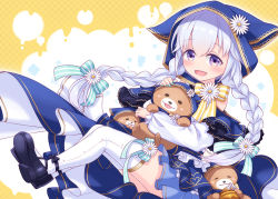 Rule 34 | 1girl, :d, animal, animal ears, animal hood, animal hug, bare shoulders, bear, black footwear, blue capelet, blue nails, blue skirt, bow, braid, capelet, clothed animal, commentary request, copyright request, fake animal ears, flower, full body, hair between eyes, hair bow, hair flower, hair ornament, harada (sansei rain), hood, hood up, long hair, long sleeves, low twintails, nail polish, open mouth, pleated skirt, puffy long sleeves, puffy sleeves, purple eyes, shirt, shoe soles, shoes, silver hair, skirt, sleeves past wrists, smile, solo, striped, striped bow, thighhighs, twin braids, twintails, very long hair, virtual youtuber, white flower, white shirt, white thighhighs